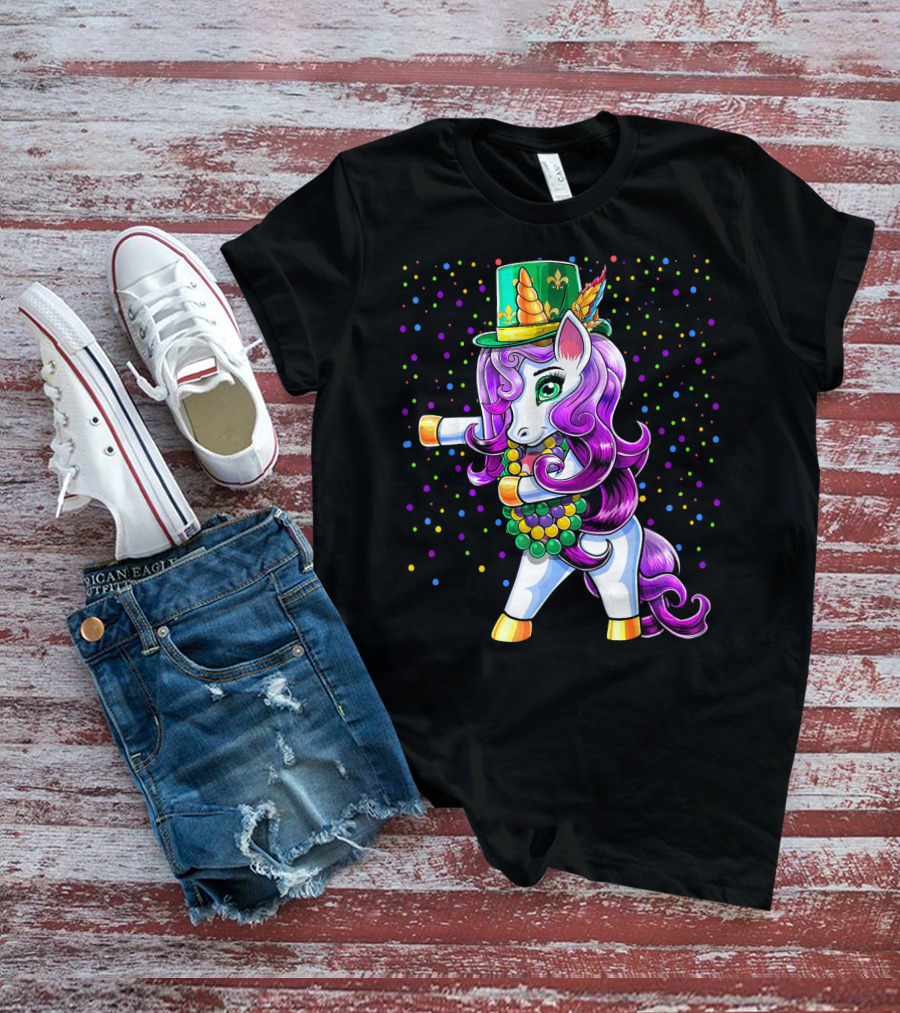 Mardi Gras Unicorn Flossing With Jester Hat And Beads T-Shirt