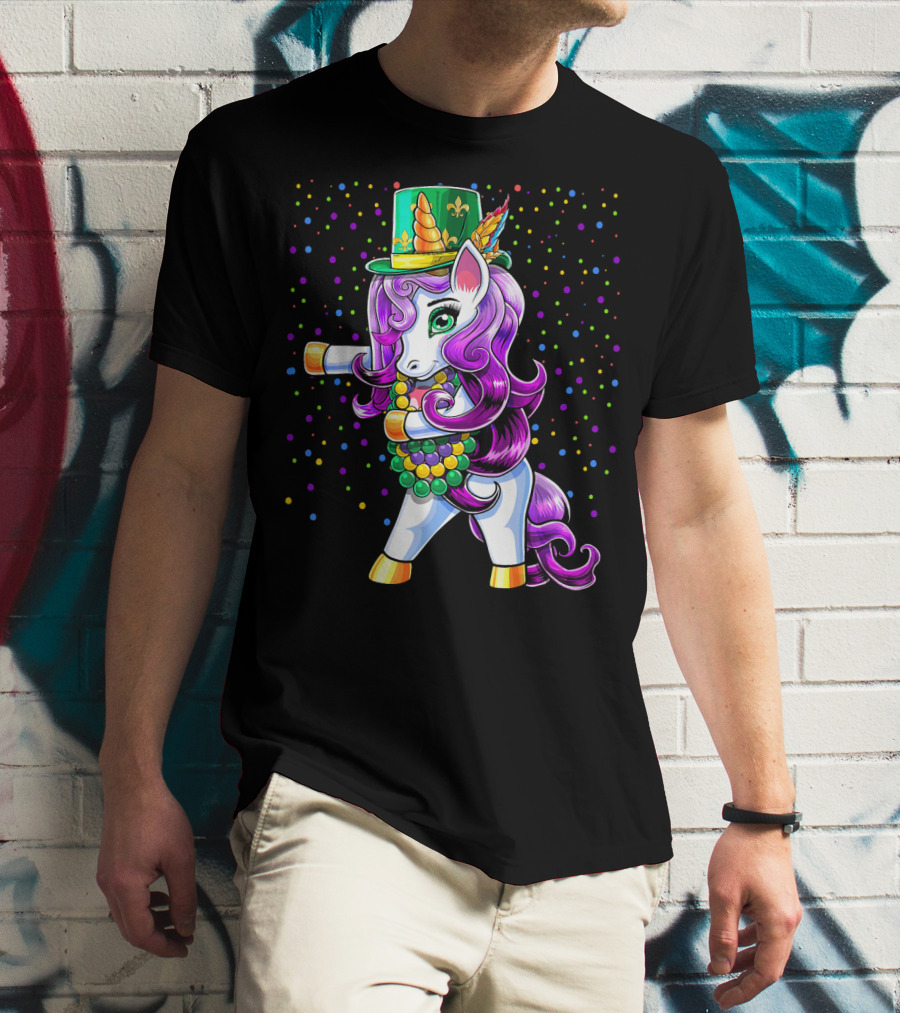 Mardi Gras Unicorn Flossing With Jester Hat And Beads T-Shirt