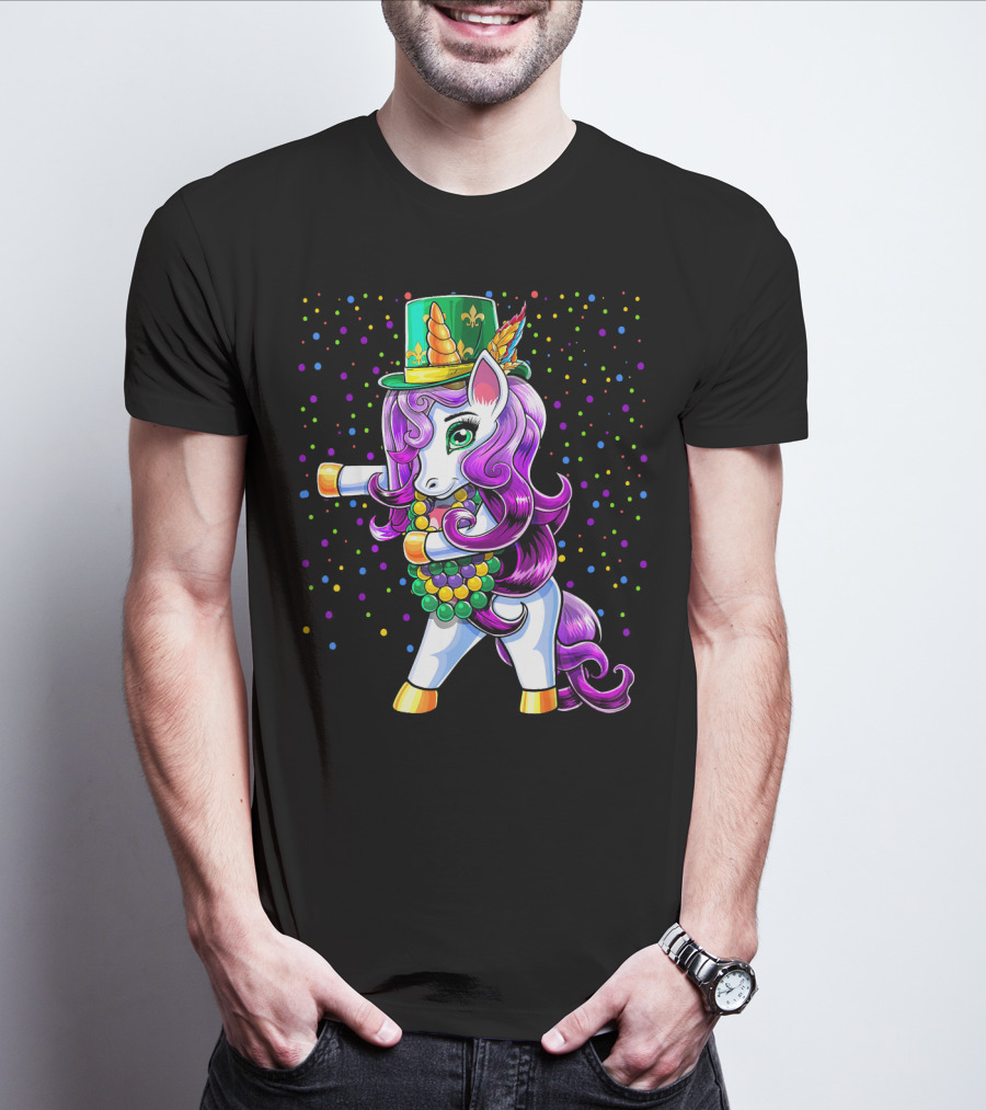 Mardi Gras Unicorn Flossing With Jester Hat And Beads T-Shirt