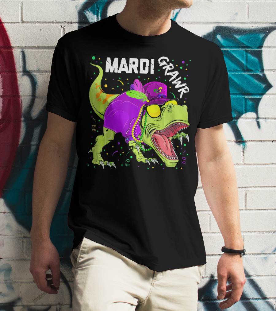 Mardi Grawr Dinosaur Mardi Gras Beads Cosplay Party T-Shirt