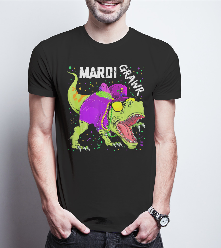 Mardi Grawr Dinosaur Mardi Gras Beads Cosplay Party T-Shirt