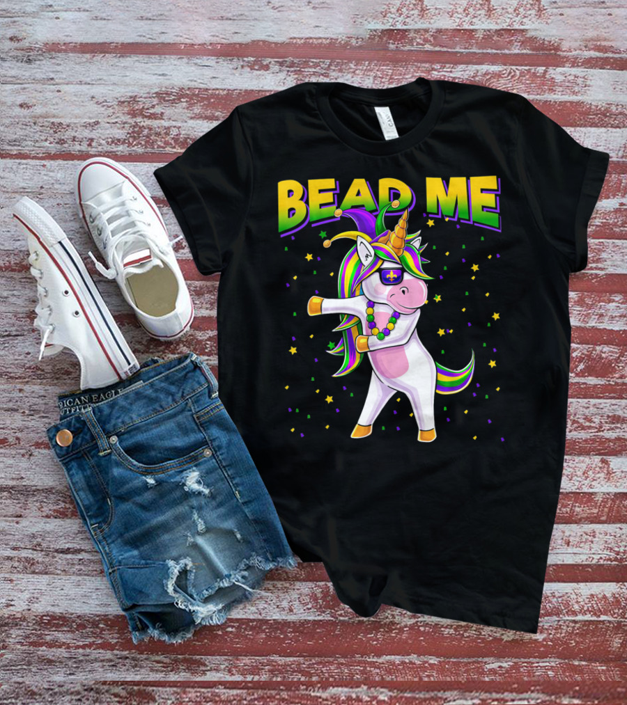Bead Me Mardi Gras Flossing Unicorn Jest Fleur-de-lis Stars T-Shirt