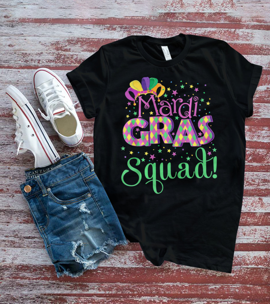 Mardi Gras Squad Funny Carnival Colorful Jester Hat And Stars T-Shirt