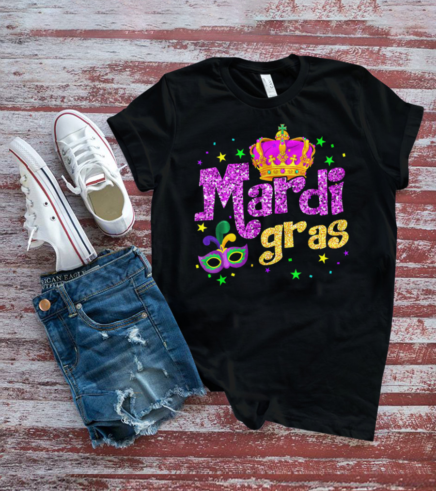 Mardi Gras Crown Glitter Mask Stars T-Shirt