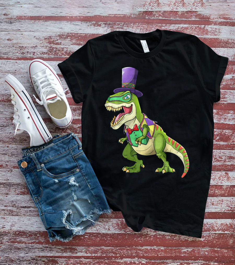 Mardi Gras Dinosaur Wearing Top Hat And Bow Tie T-Shirt