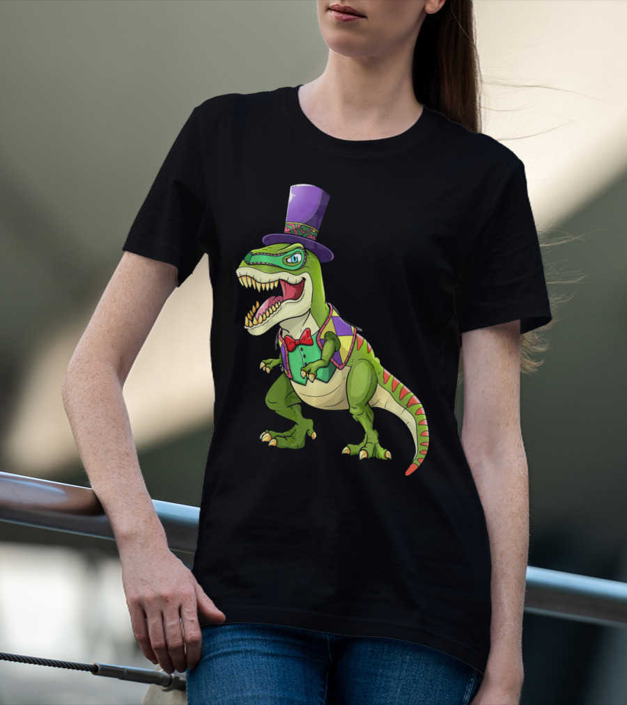 Mardi Gras Dinosaur Wearing Top Hat And Bow Tie T-Shirt