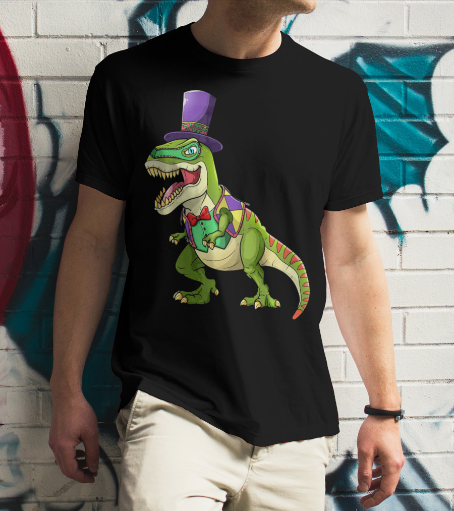 Mardi Gras Dinosaur Wearing Top Hat And Bow Tie T-Shirt