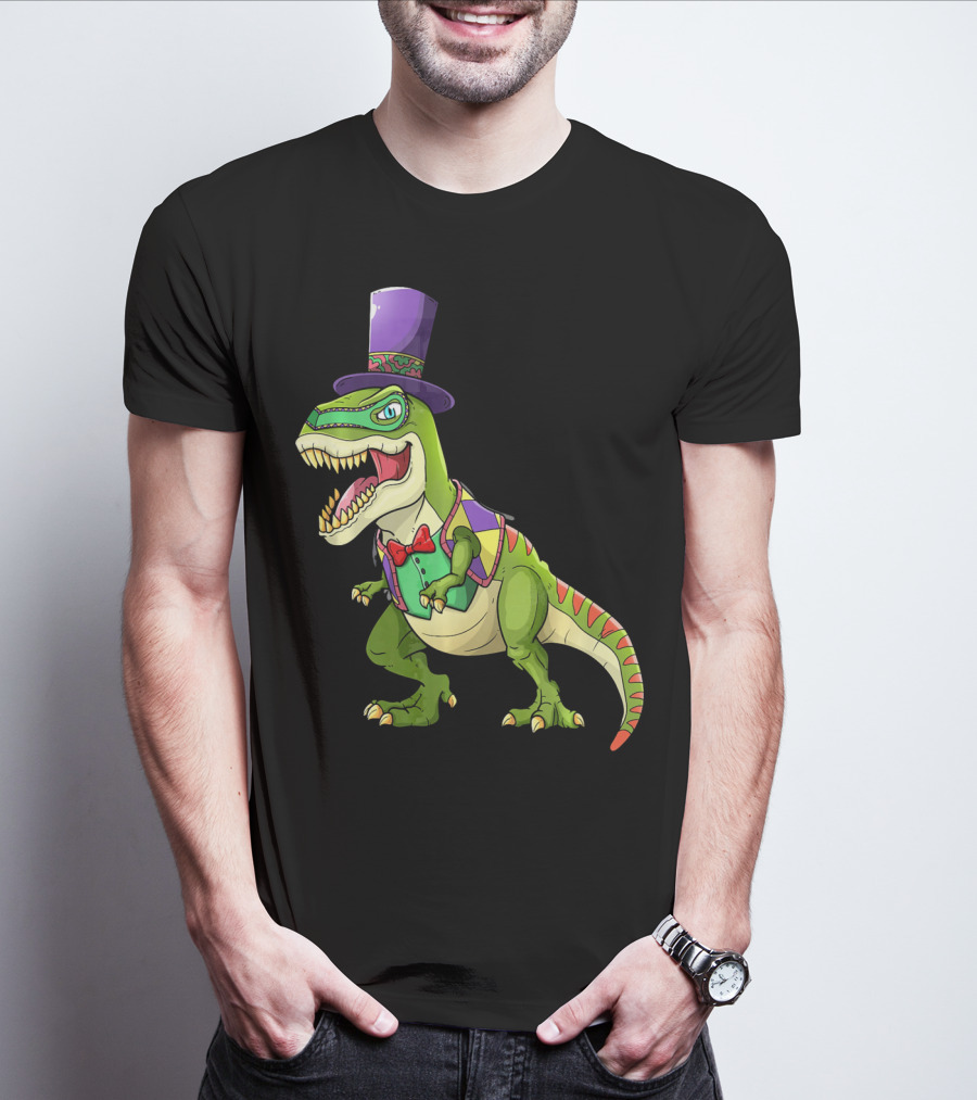 Mardi Gras Dinosaur Wearing Top Hat And Bow Tie T-Shirt