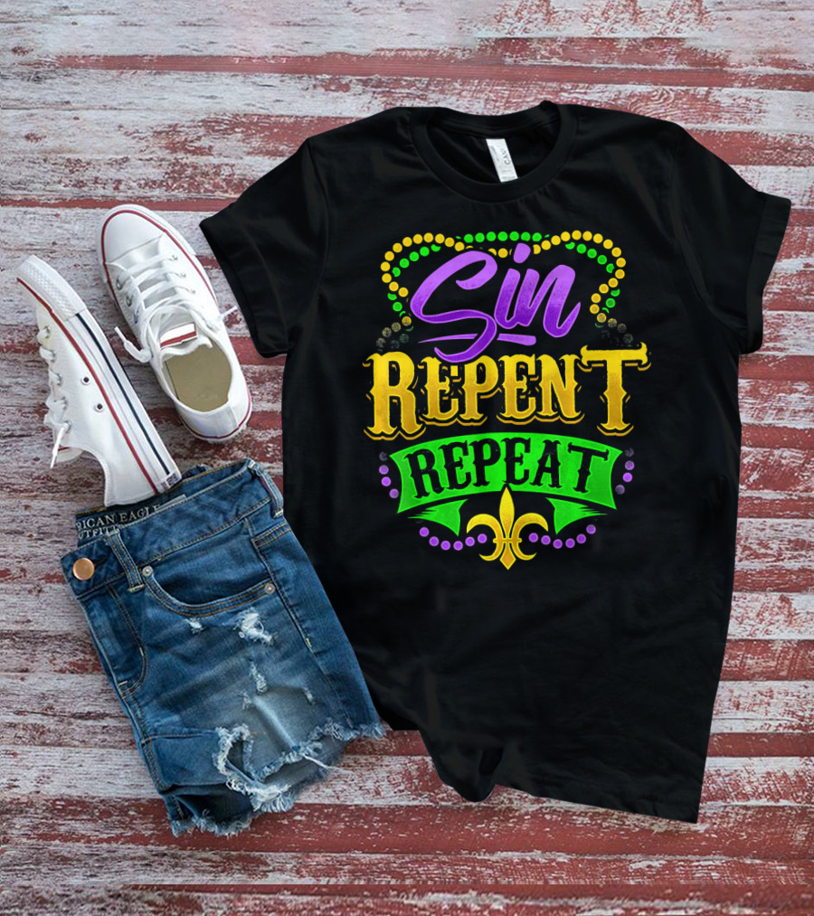 Mardi Gras Sin Repent Repeat Fleur De Lis Beads T-Shirt