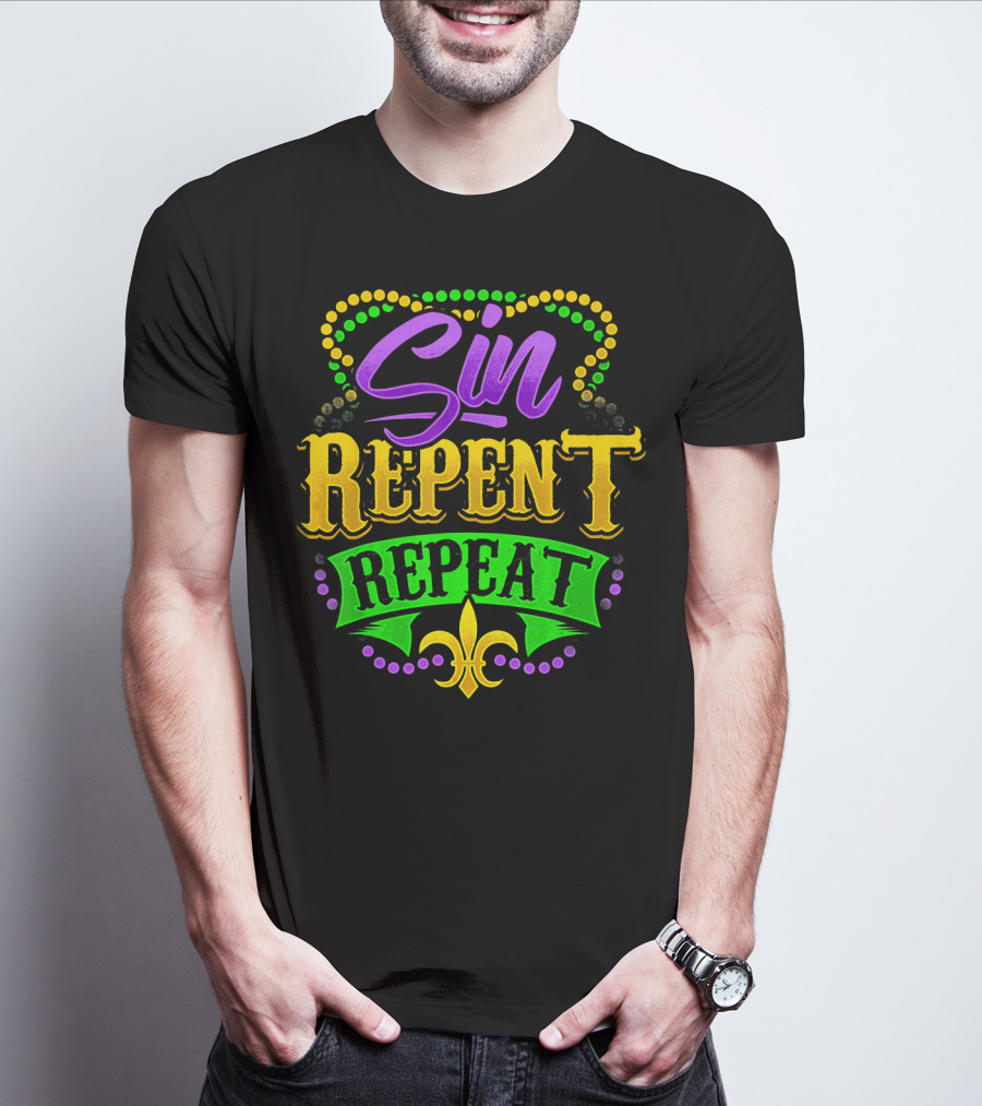 Mardi Gras Sin Repent Repeat Fleur De Lis Beads T-Shirt