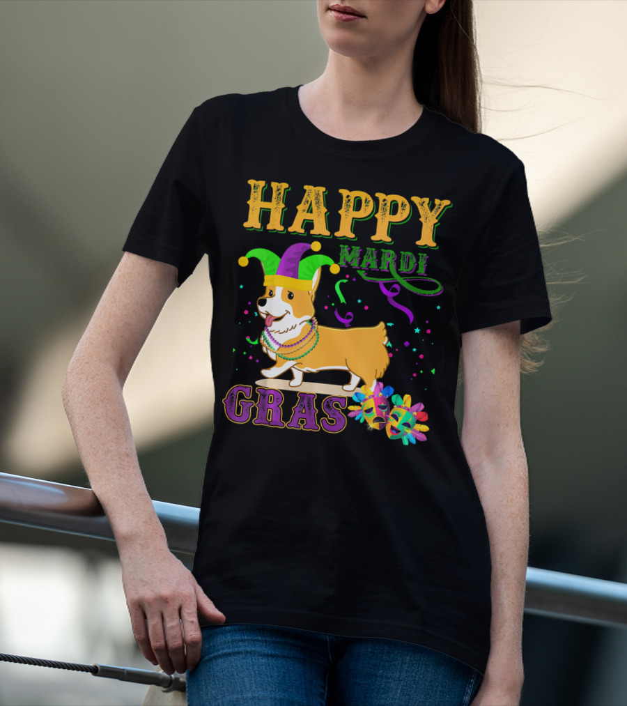 Happy Mardi Gras Welsh Corgi Costume Party T-Shirt