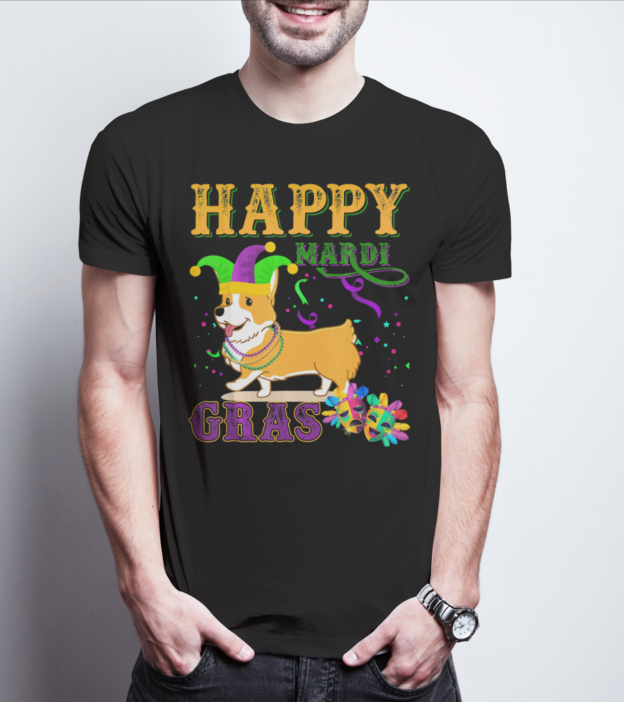 Happy Mardi Gras Welsh Corgi Costume Party T-Shirt