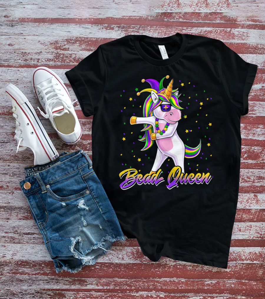 Bead Queen Mardi Gras Unicorn With Floss Dance And Jester Hat T-Shirt
