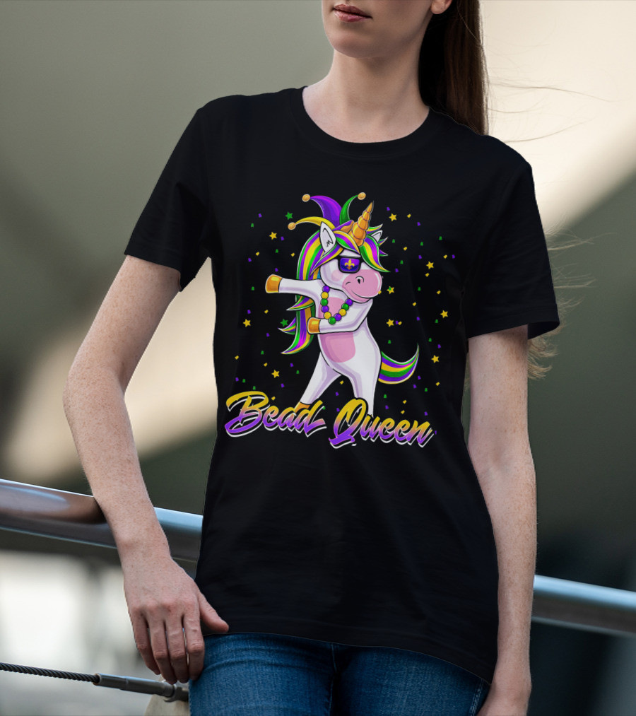 Bead Queen Mardi Gras Unicorn With Floss Dance And Jester Hat T-Shirt