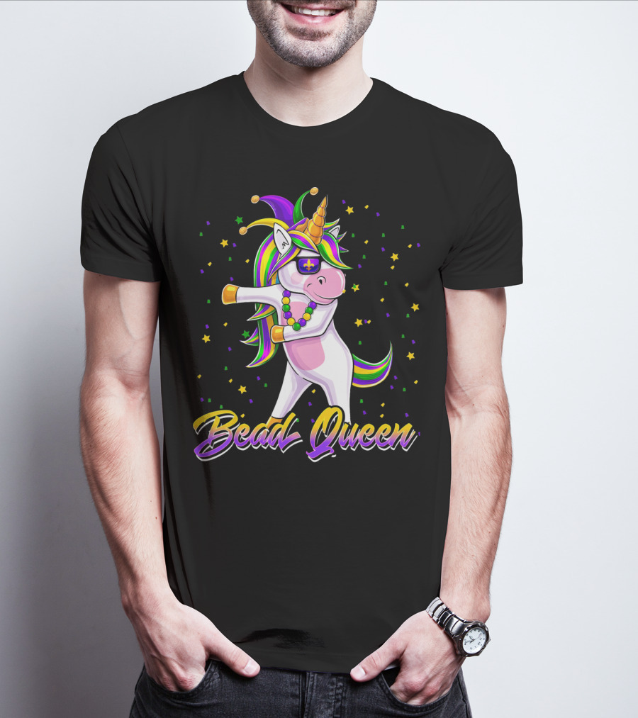 Bead Queen Mardi Gras Unicorn With Floss Dance And Jester Hat T-Shirt
