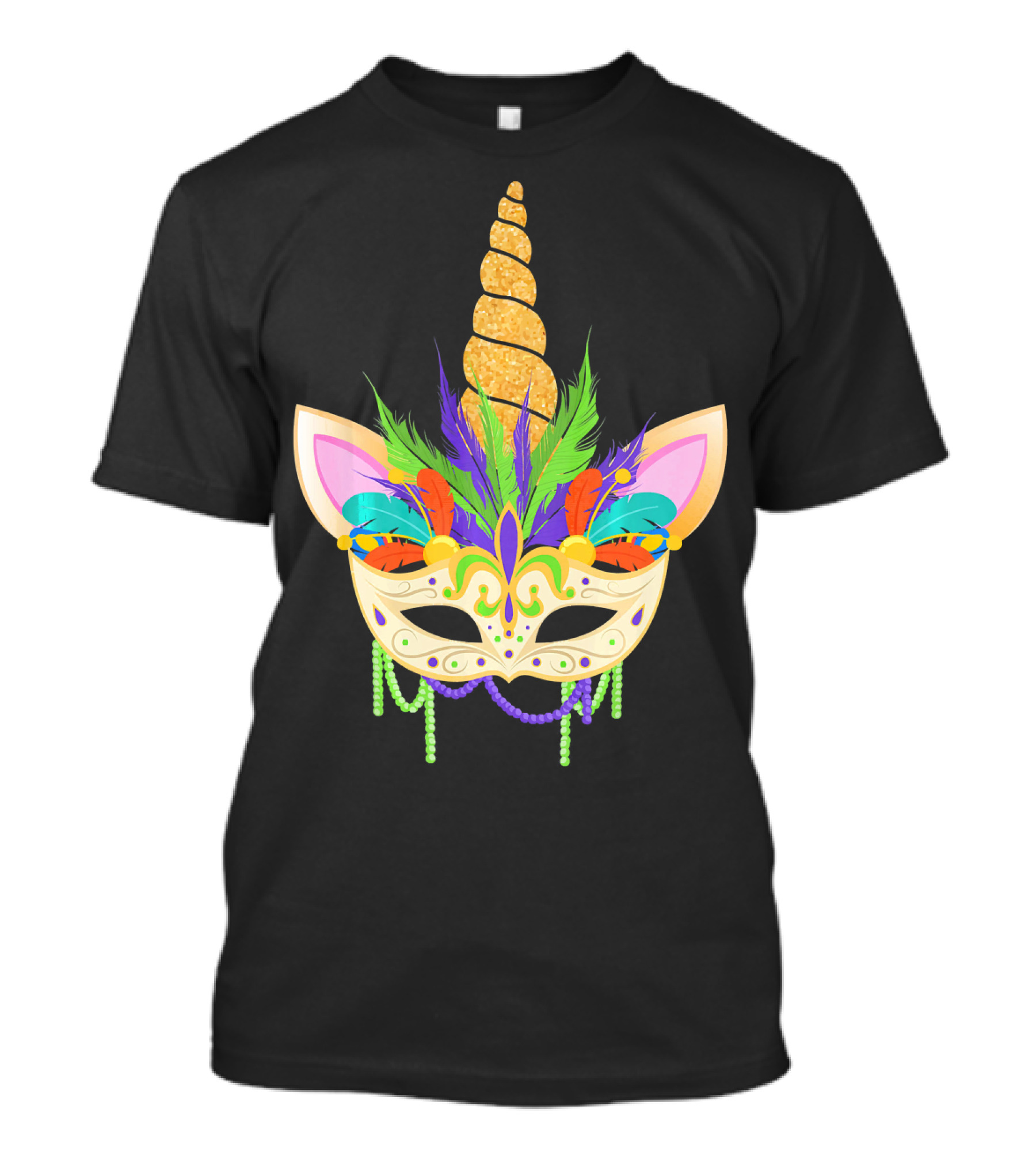 Unicorn Mask With Feathers And Beads Mardi Gras T-Shirt