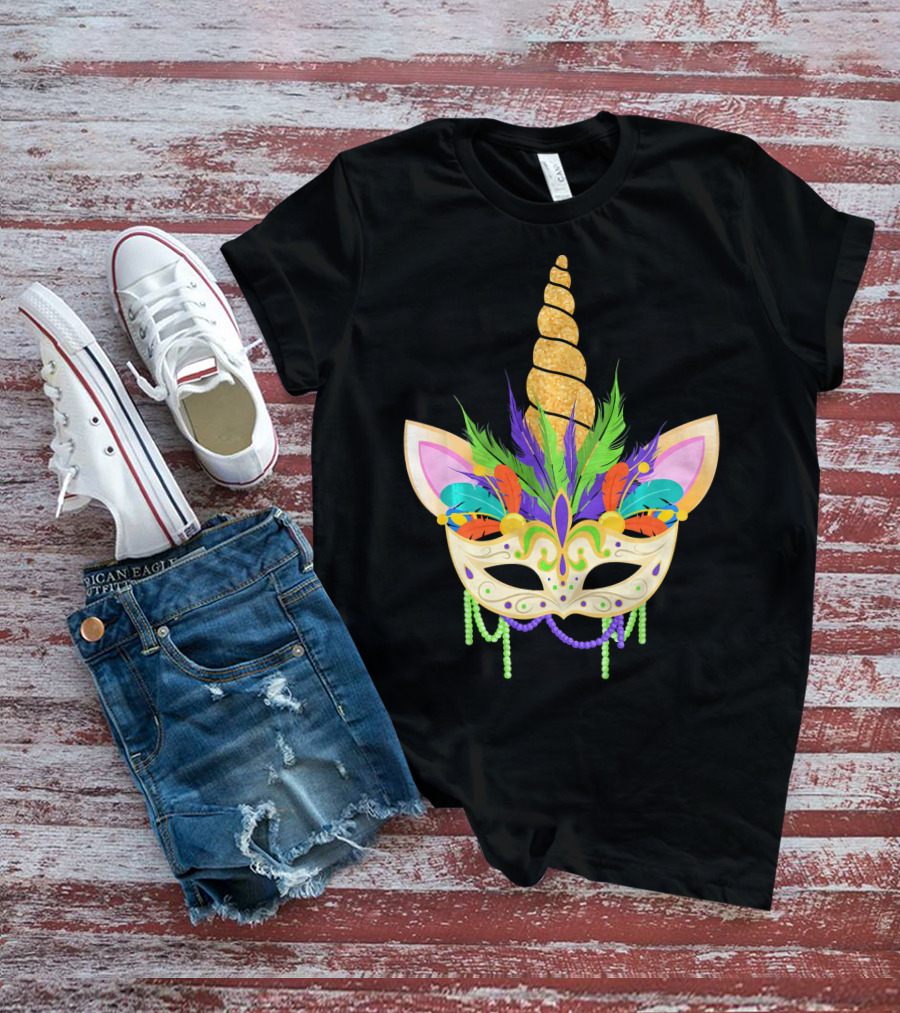 Unicorn Mask With Feathers And Beads Mardi Gras T-Shirt