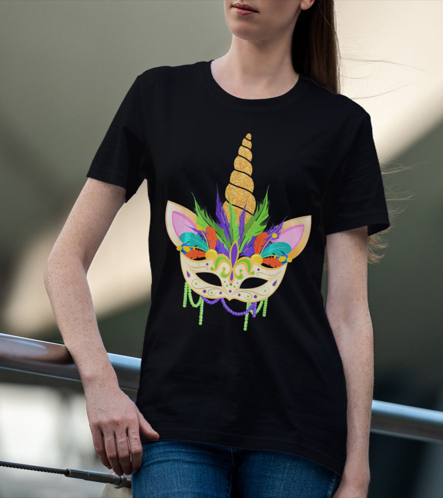 Unicorn Mask With Feathers And Beads Mardi Gras T-Shirt
