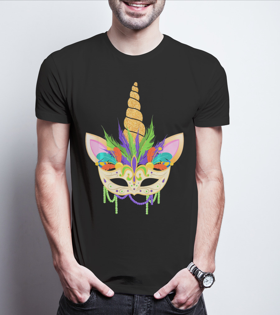 Unicorn Mask With Feathers And Beads Mardi Gras T-Shirt