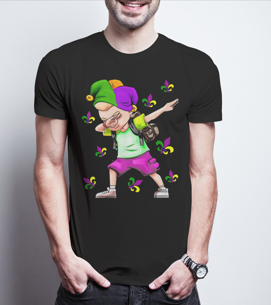 Dabbing Jester With Mardi Gras Fleur-de-Lis New Orleans T-Shirt