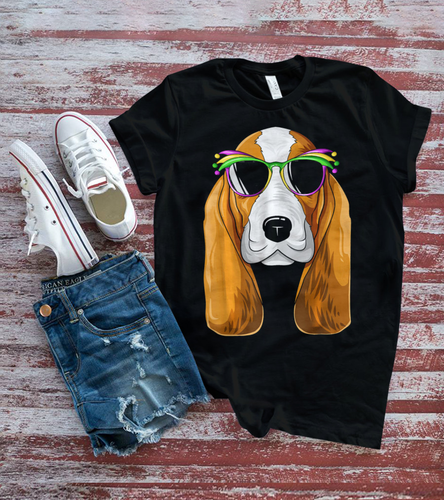 Basset Hound With Mardi Gras Carnival Mask And Sunglasses T-Shirt