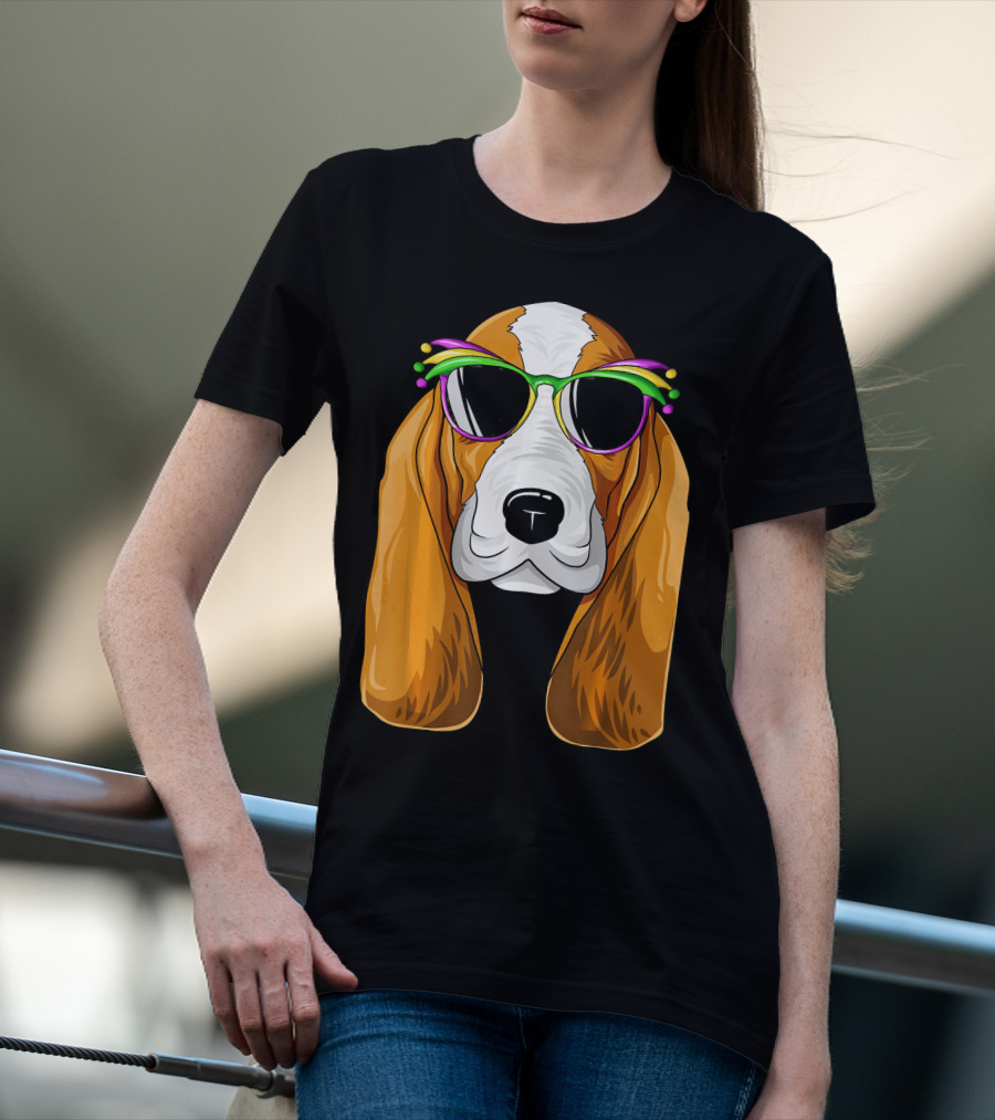 Basset Hound With Mardi Gras Carnival Mask And Sunglasses T-Shirt