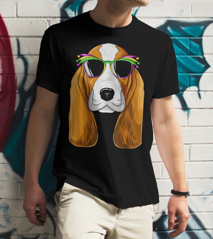 Basset Hound With Mardi Gras Carnival Mask And Sunglasses T-Shirt