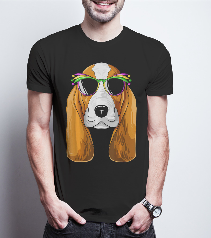 Basset Hound With Mardi Gras Carnival Mask And Sunglasses T-Shirt