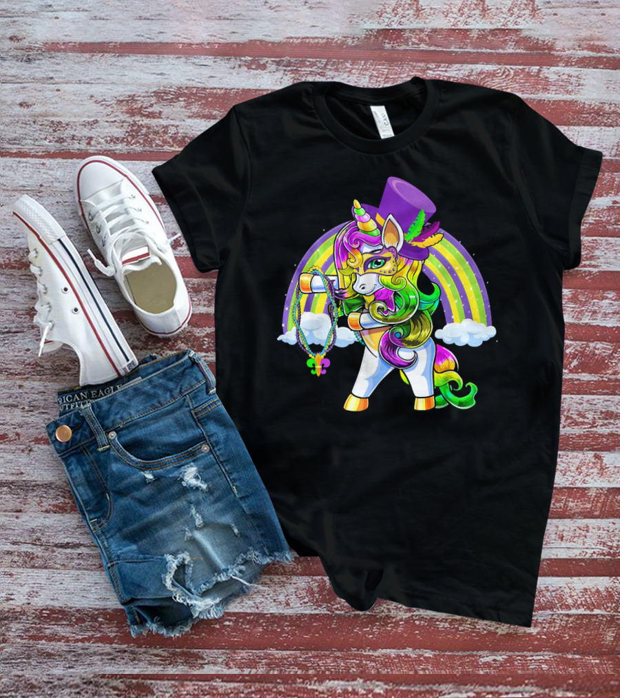 Flossing Unicorn In Top Hat With Rainbow And Mardi Gras Elements T-Shirt