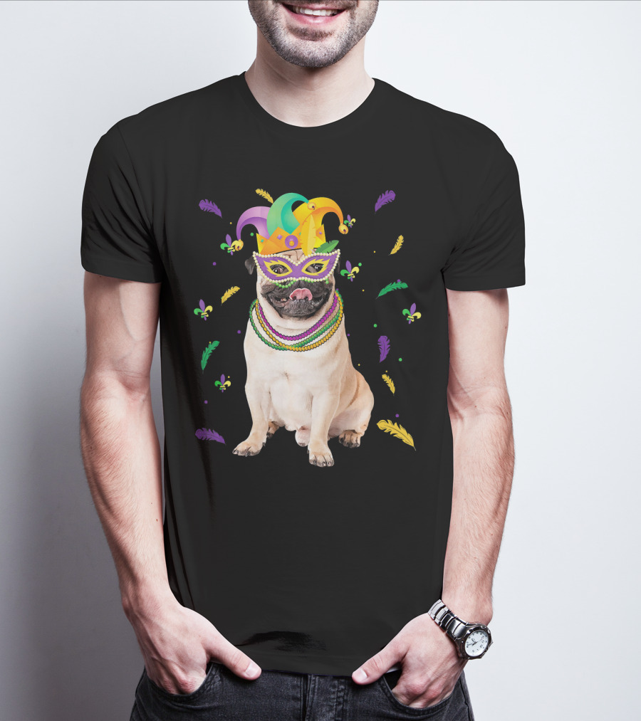 Mardi Gras Pug With Beads And Jester Mask T-Shirt