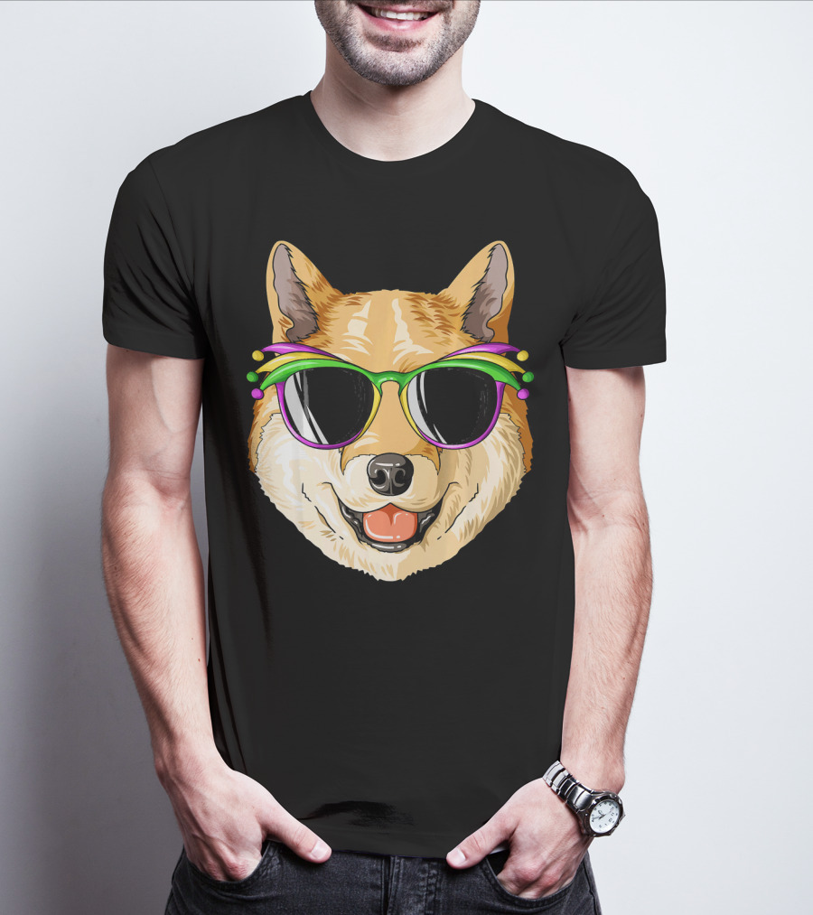 Shiba Inu In Mardi Gras Carnival Mask With Festive Sunglasses T-Shirt