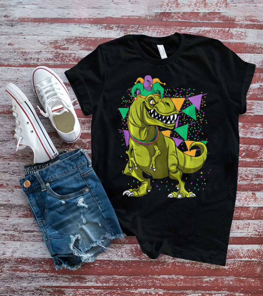 Funny Fat Tuesday Mardi Gras T-Rex Jester With Beads And Confetti T-Shirt