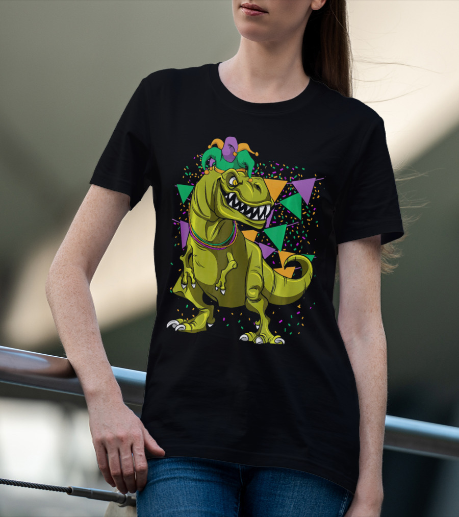 Funny Fat Tuesday Mardi Gras T-Rex Jester With Beads And Confetti T-Shirt