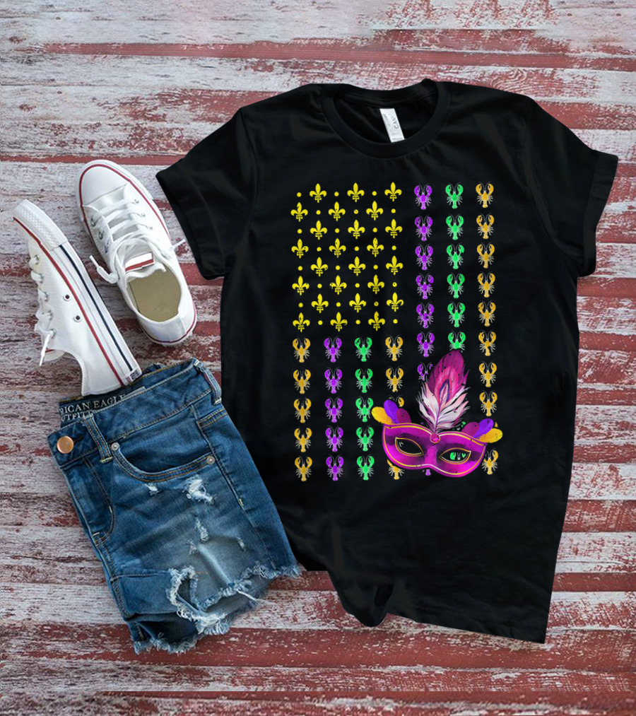 Crawfish Fleur-de-Lis Mardi Gras Mask American Flag T-Shirt