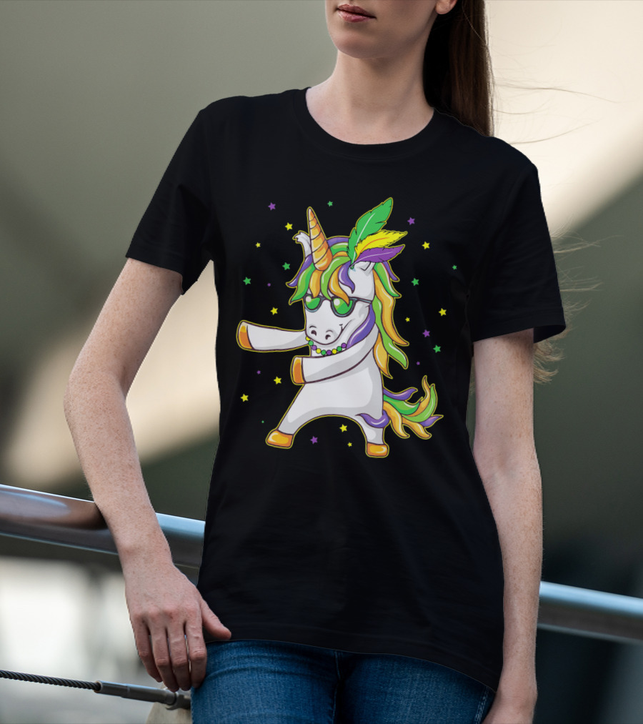 Mardi Gras Unicorn Dabbing And Flossing Colorful Festive Dance T-Shirt