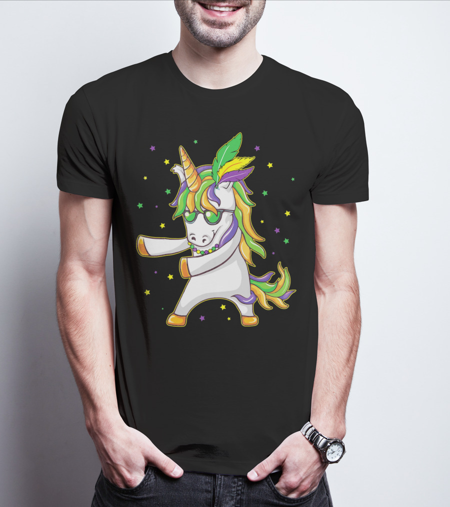 Mardi Gras Unicorn Dabbing And Flossing Colorful Festive Dance T-Shirt
