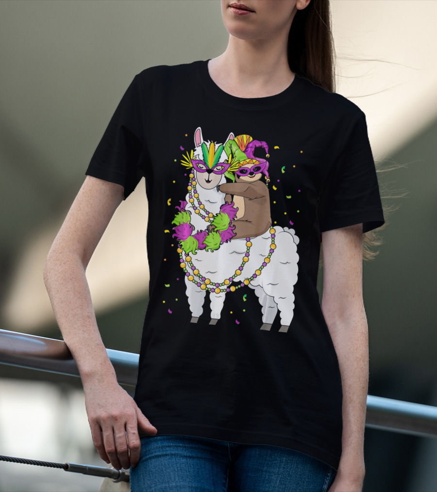 Llama Masked With Beads And Confetti Sloth Mardi Gras T-Shirt
