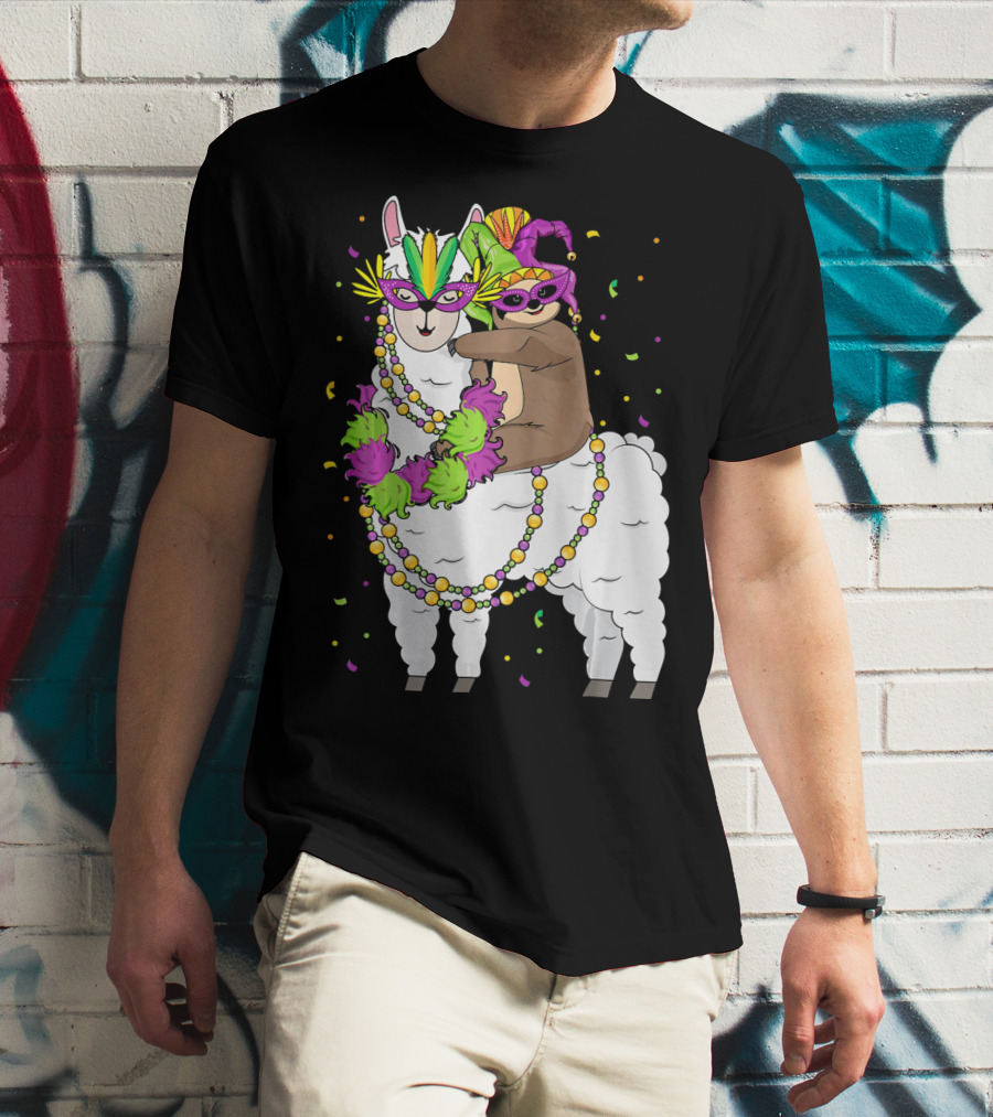 Llama Masked With Beads And Confetti Sloth Mardi Gras T-Shirt