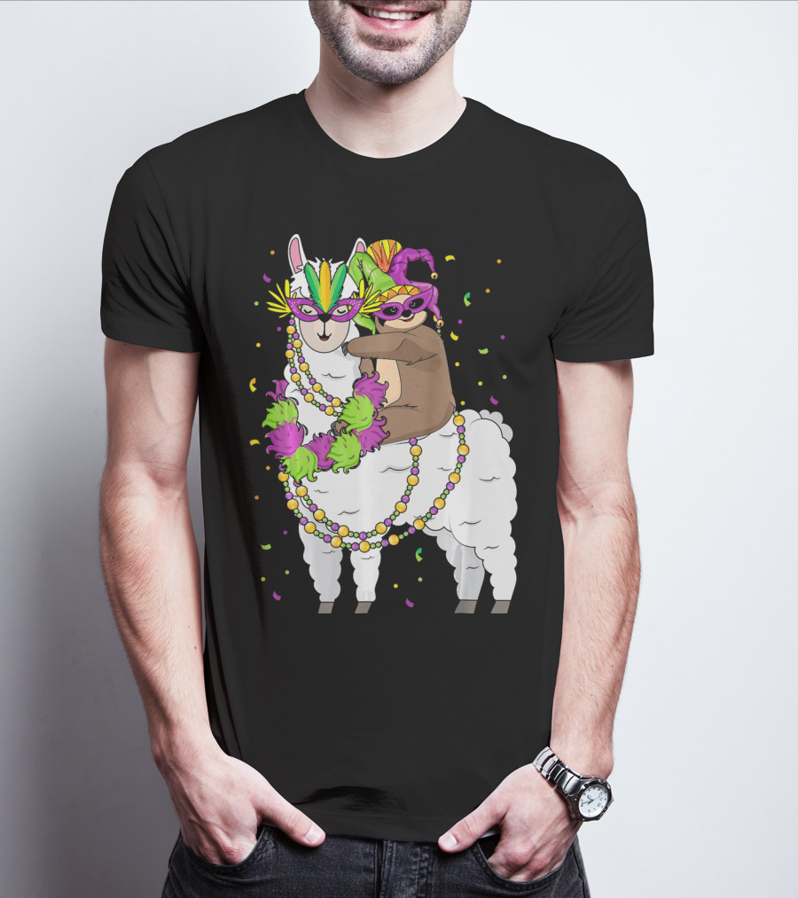 Llama Masked With Beads And Confetti Sloth Mardi Gras T-Shirt