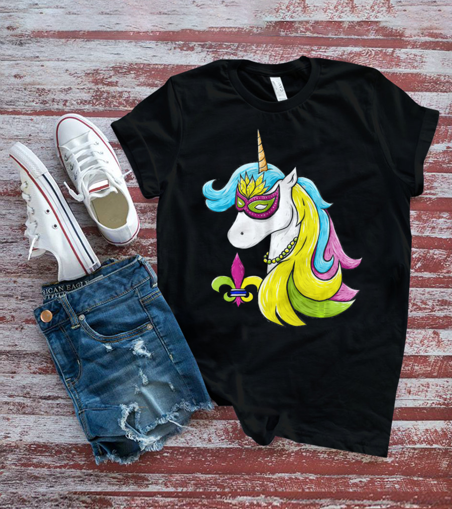 Mardi Gras Unicorn Mask With Fleur-de-Lis And Colorful Hair Fat Tuesday T-Shirt