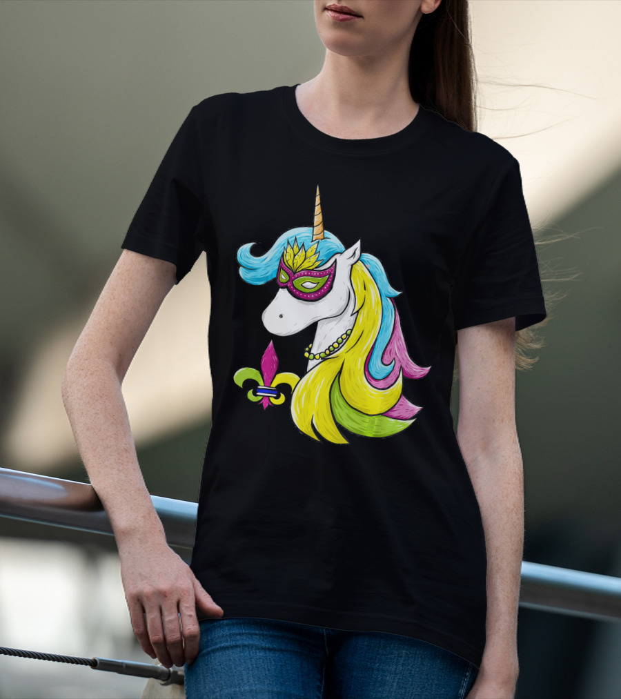 Mardi Gras Unicorn Mask With Fleur-de-Lis And Colorful Hair Fat Tuesday T-Shirt