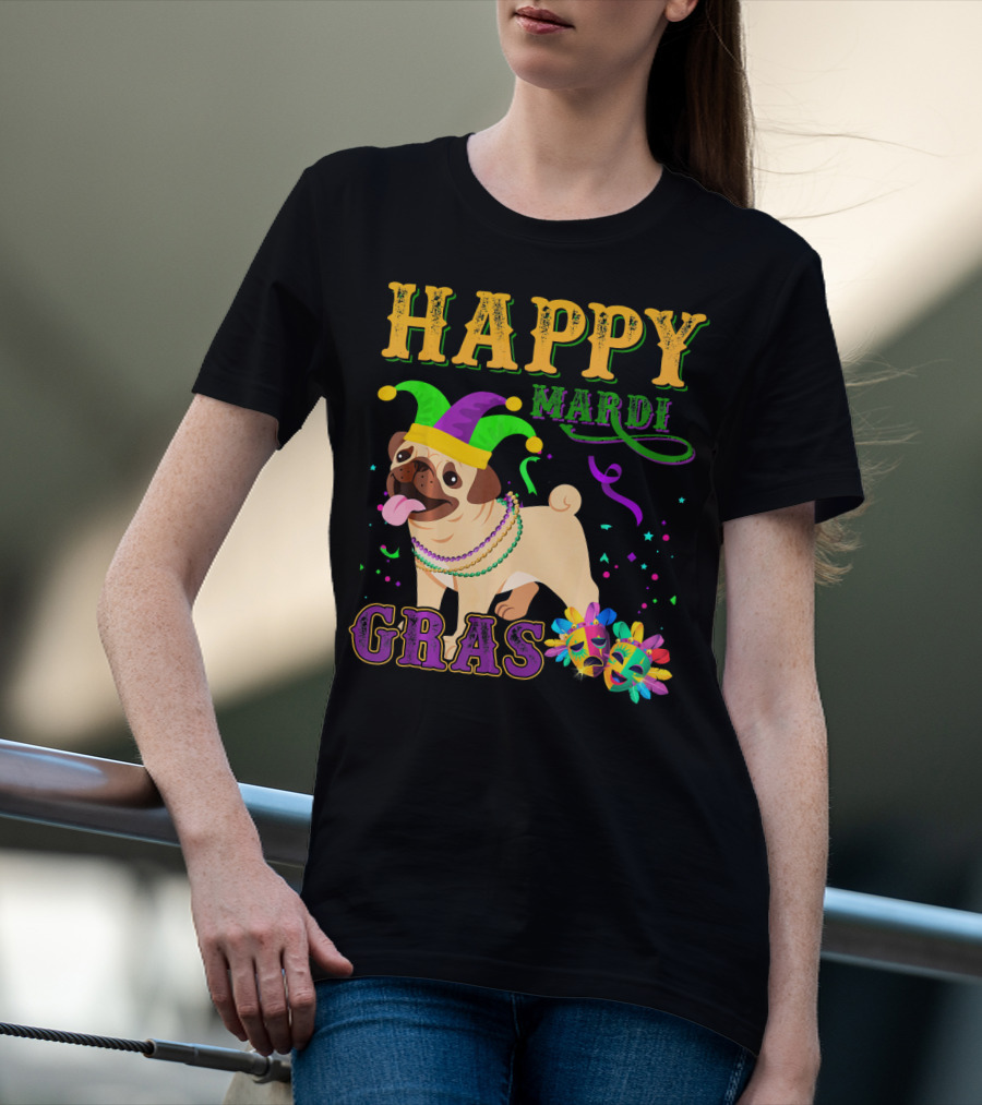 Happy Mardi Gras Pug Dog Costume Party T-Shirt