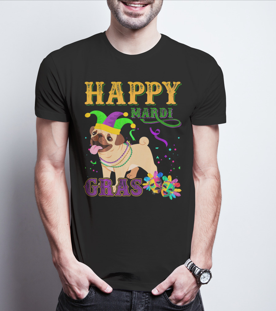 Happy Mardi Gras Pug Dog Costume Party T-Shirt