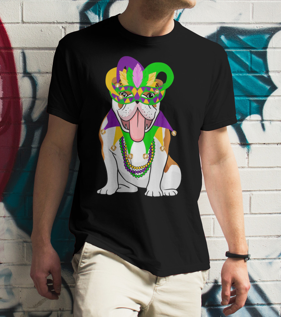 Mardi Gras English Bulldog Mask Beads Costume T-Shirt