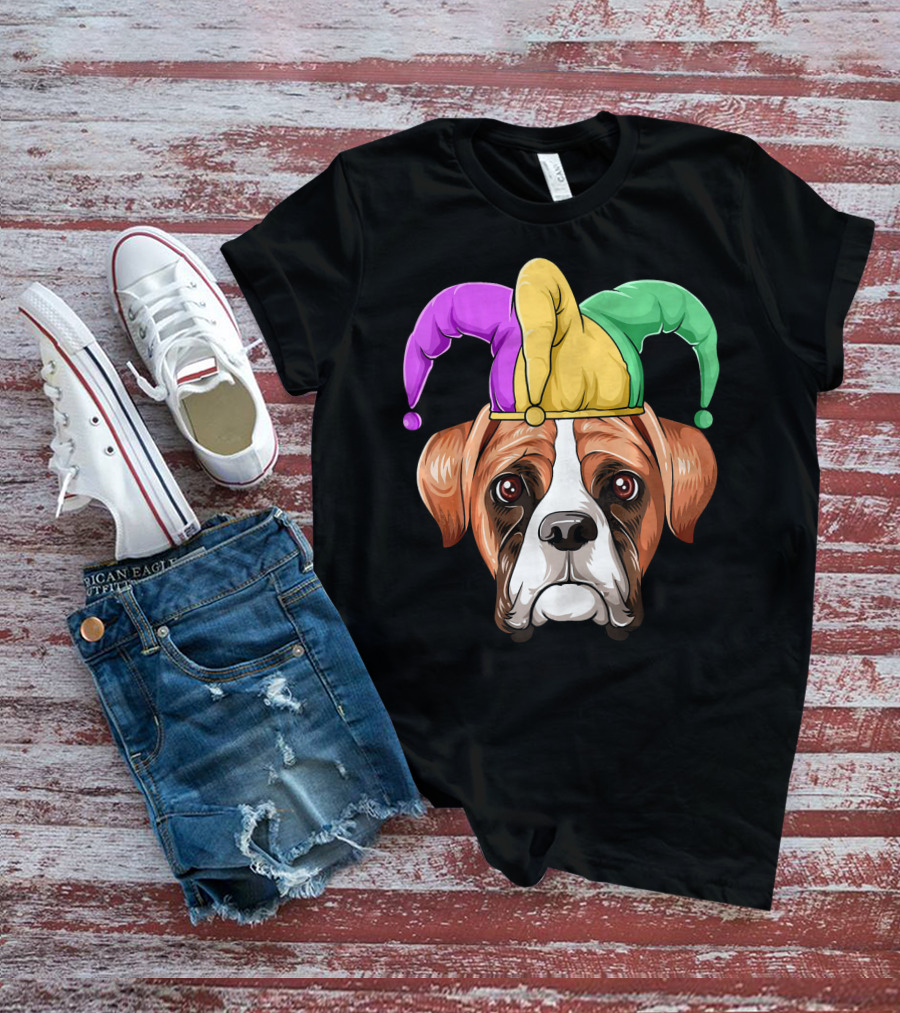 Mardi Gras Jester Hat Boxer Dog Carnival T-Shirt