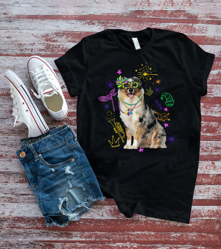 Australian Shepherd Dog With Mardi Gras Beads And Mask T-Shirt