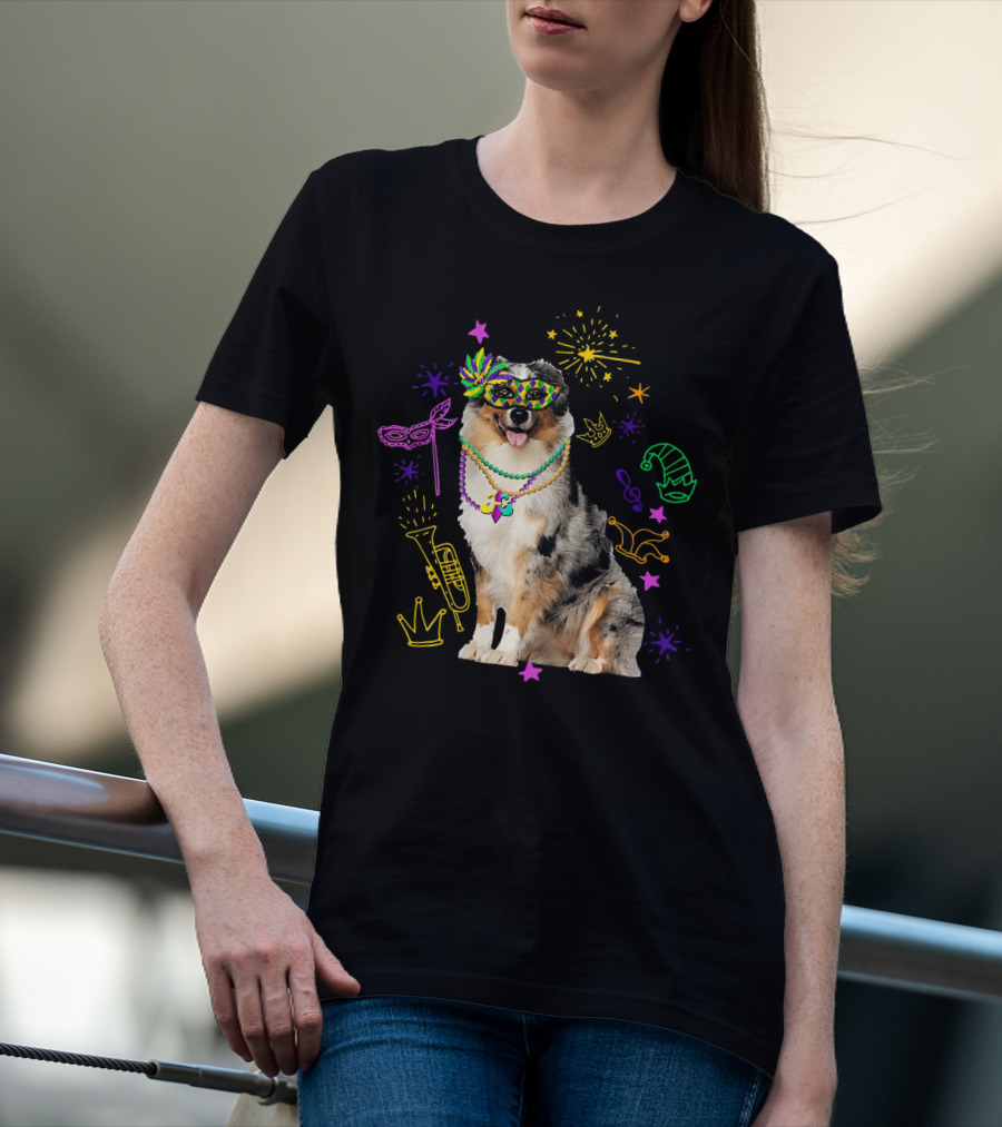 Australian Shepherd Dog With Mardi Gras Beads And Mask T-Shirt