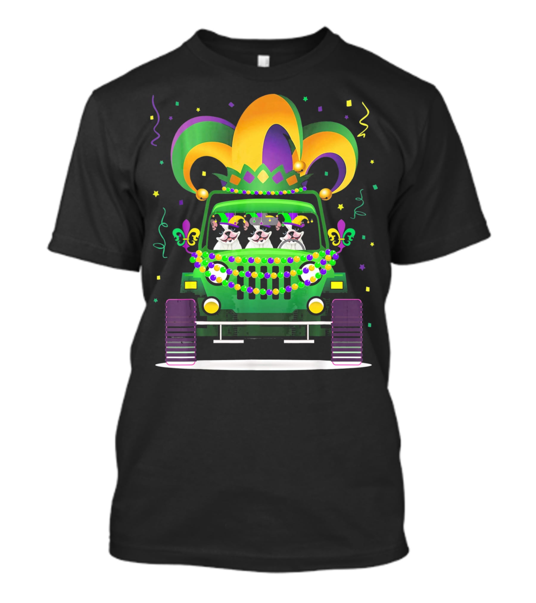 French Bulldog Jeep Mardi Gras Celebration With Colorful Beads And Jester Hat T-Shirt