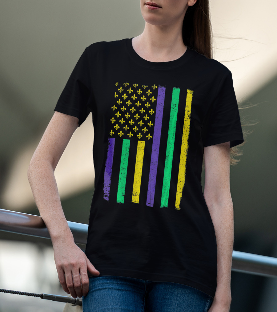 American Flag Mardi Gras Fleur De Lis Stripes T-Shirt