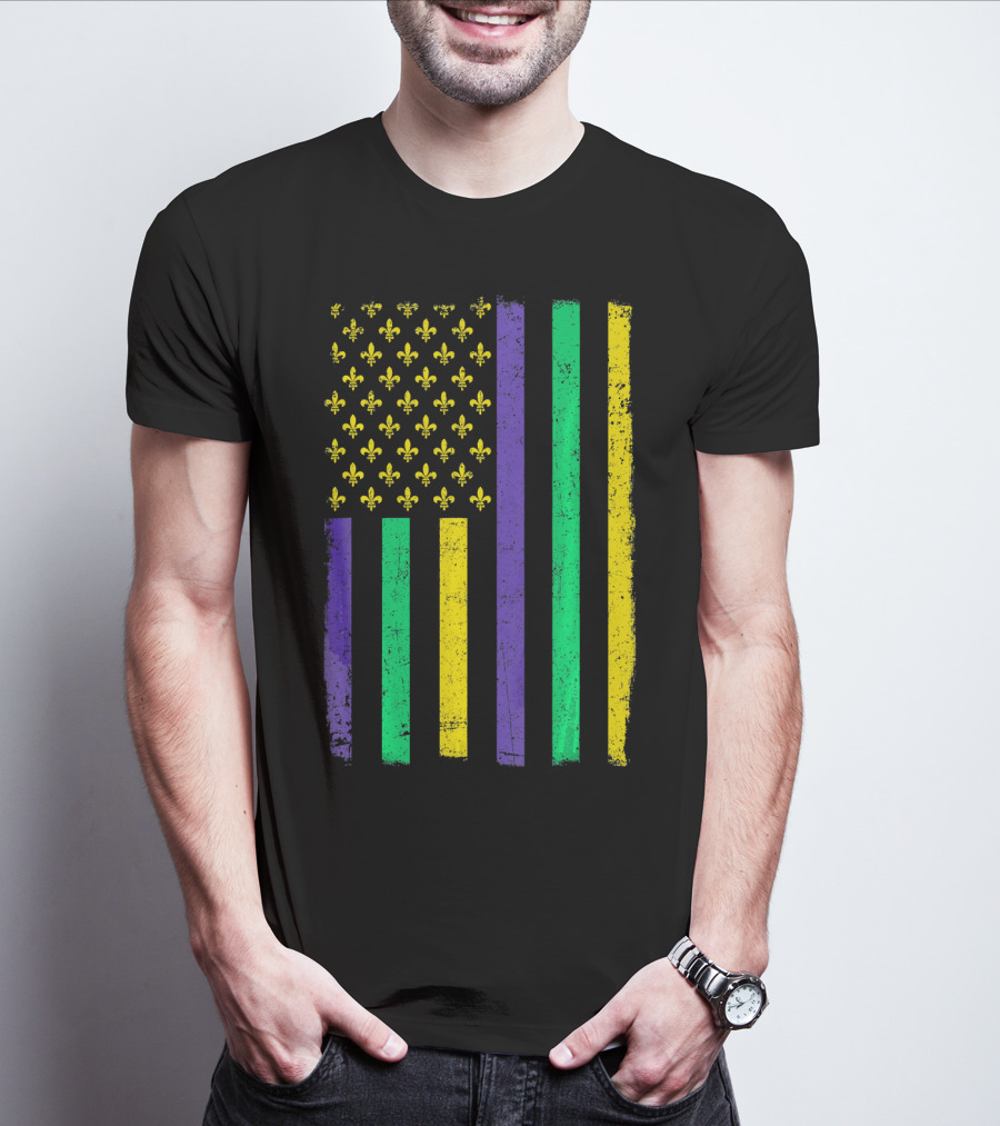American Flag Mardi Gras Fleur De Lis Stripes T-Shirt